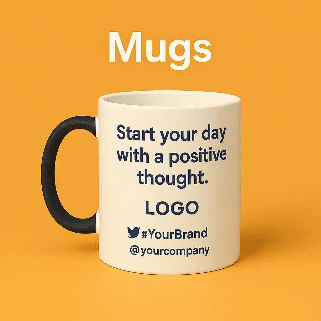White promotional mug with motivational quote and social media handles on orange background