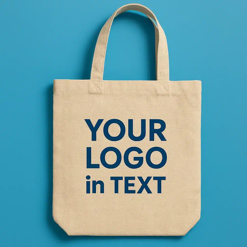 Beige promotional tote bag with blue text displaying 'Your Logo in Text' on a bright blue background