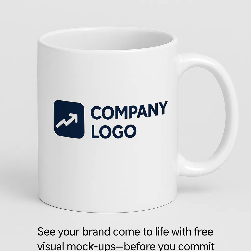 Digital mockup showing company logo perfectly positioned on white ceramic promotional mug