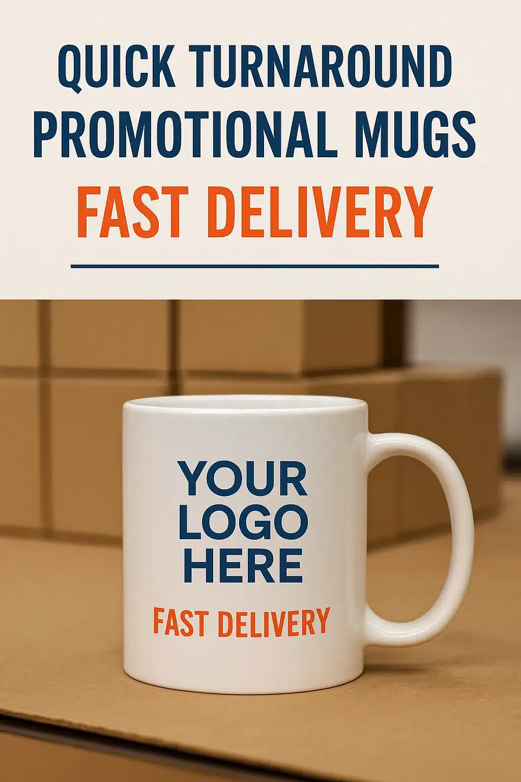 White promotional mug with 'Your Logo Here – Fast Delivery' printed, placed in front of cardboard boxes to represent quick dispatch from Prince William Pottery