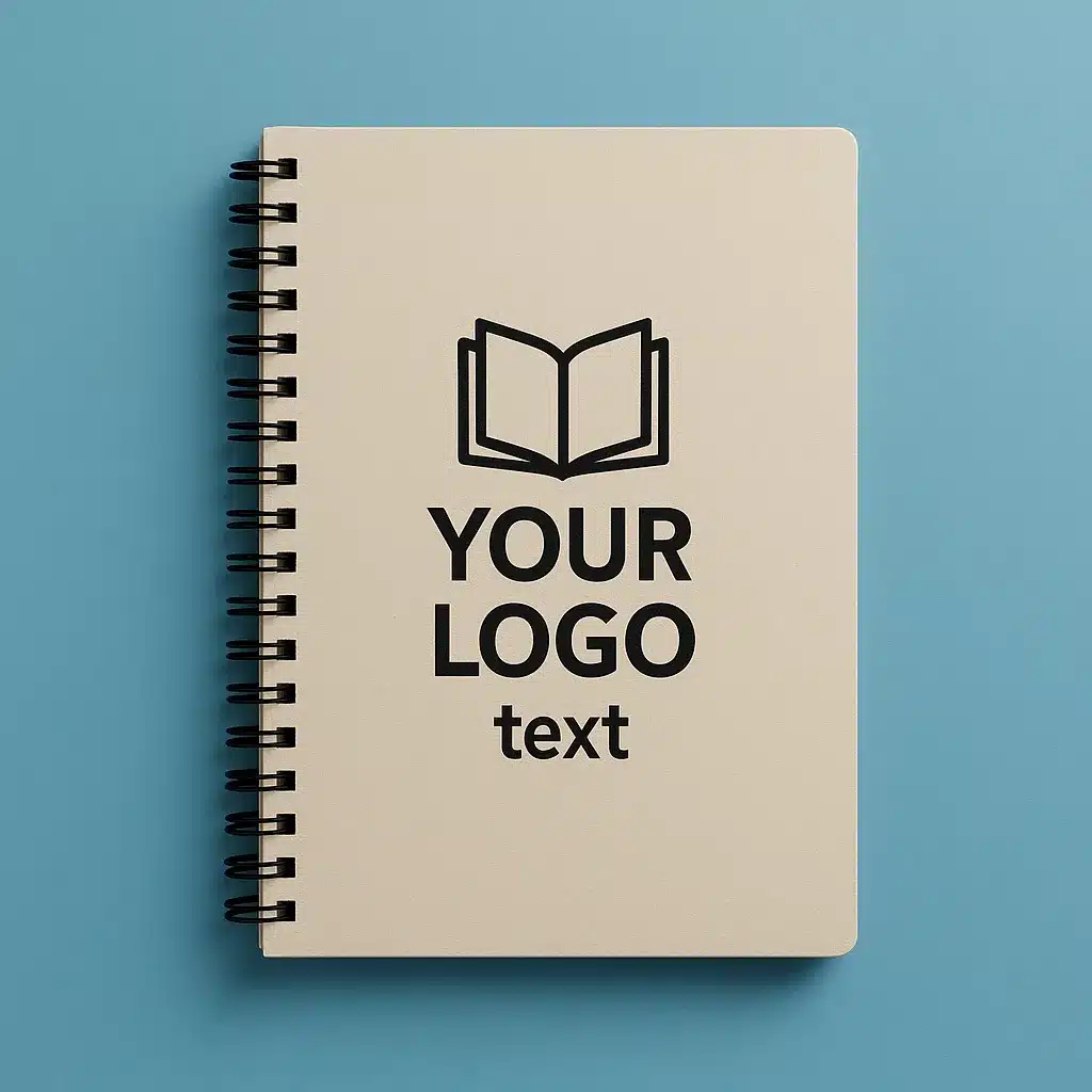 Closed spiral-bound beige notebook with custom logo on blue background