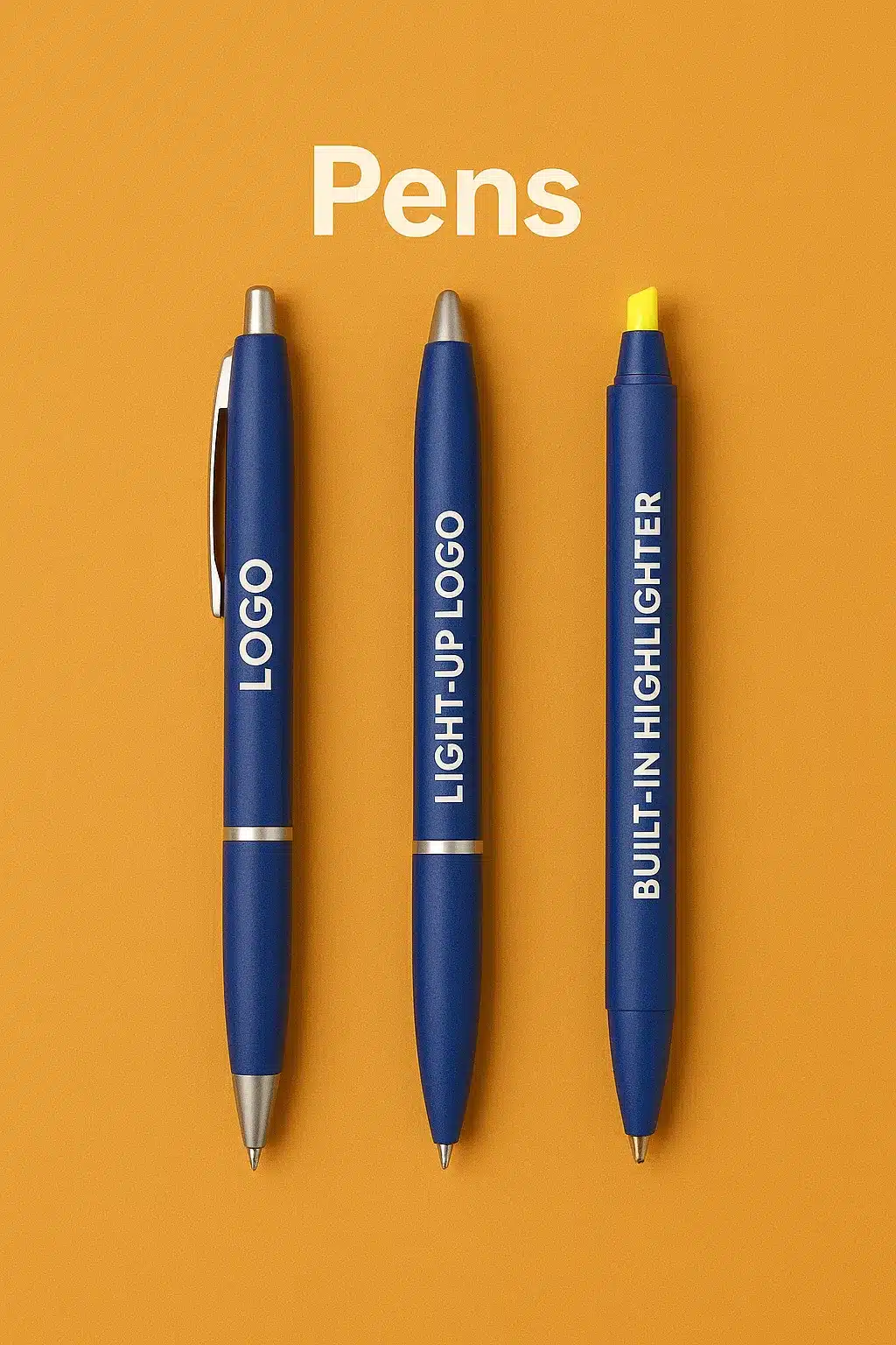 Three blue custom promotional pens with features including logo, light-up branding, and built-in highlighter on orange background