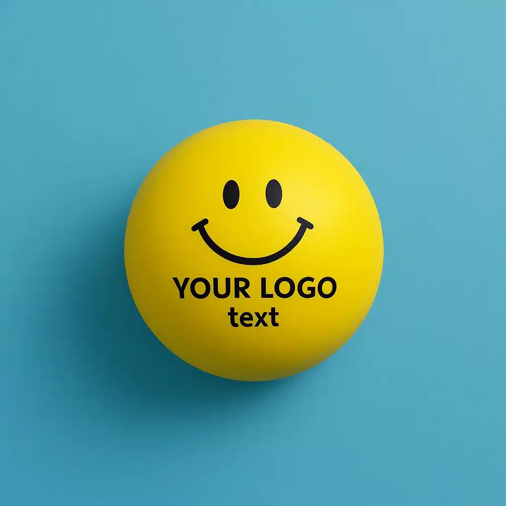Yellow promotional stress ball with smiling face logo on blue background