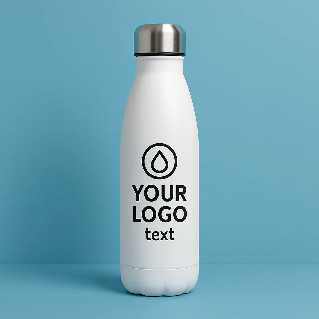 White reusable promotional water bottle with custom logo on blue background