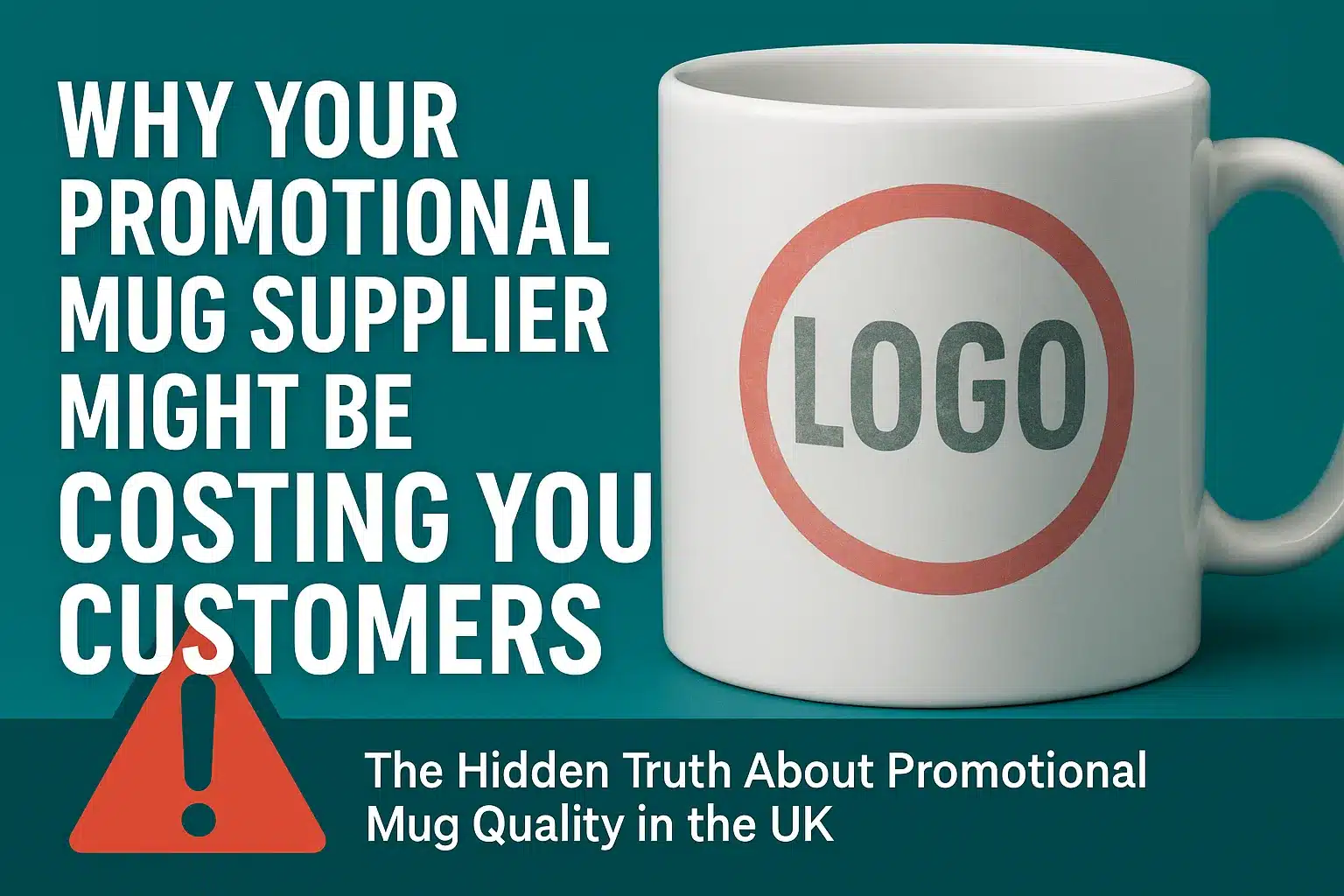 Promotional mug with faded logo next to warning sign and bold text highlighting supplier quality issue