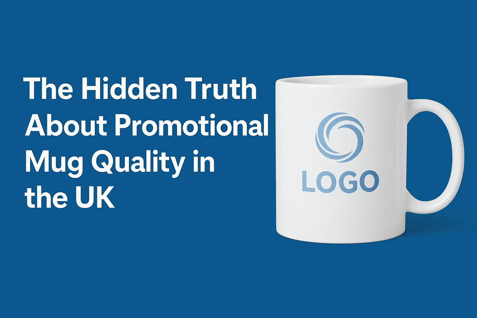 White ceramic mug with faded blue logo next to bold text highlighting promotional mug quality concerns in the UK