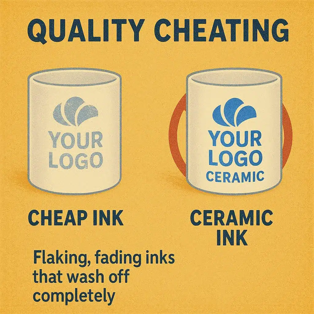 Side-by-side mugs showing a faded logo labeled “CHEAP INK” vs. a vibrant logo labeled “CERAMIC INK,” with a warning about flaking and fading inks
