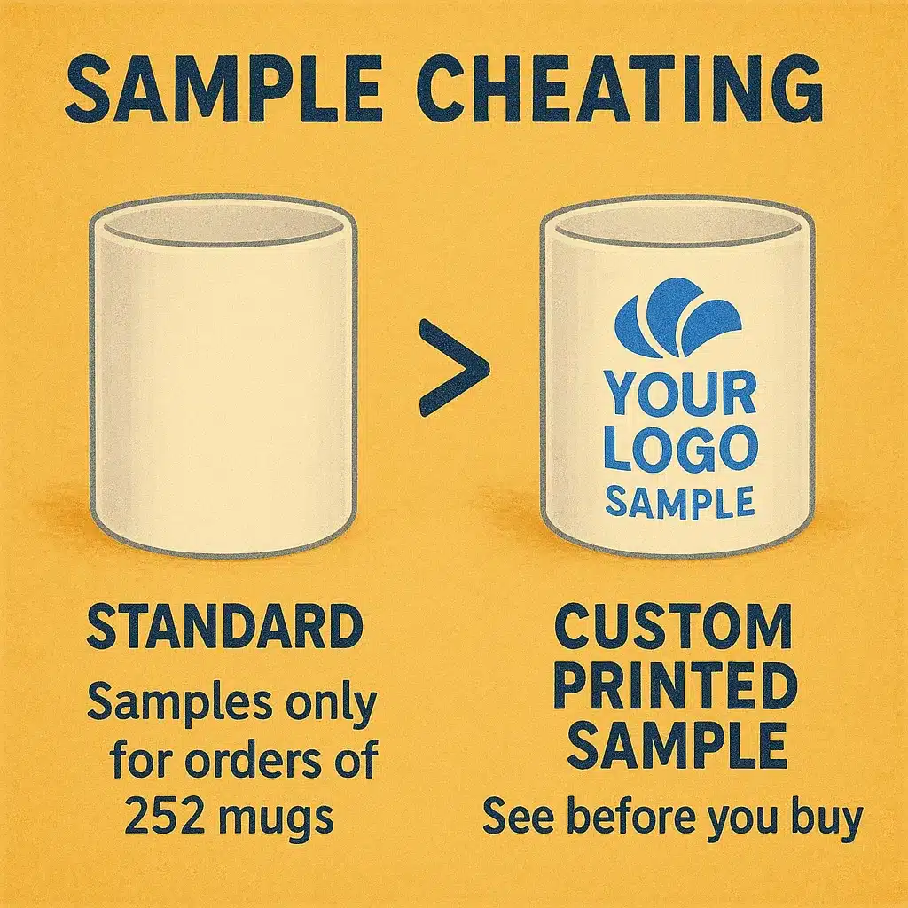 Digital comparison showing a blank mug labeled “STANDARD” with a note “Samples only for orders of 252 mugs” vs. a custom-printed mug labeled “CUSTOM PRINTED SAMPLE – See before you buy