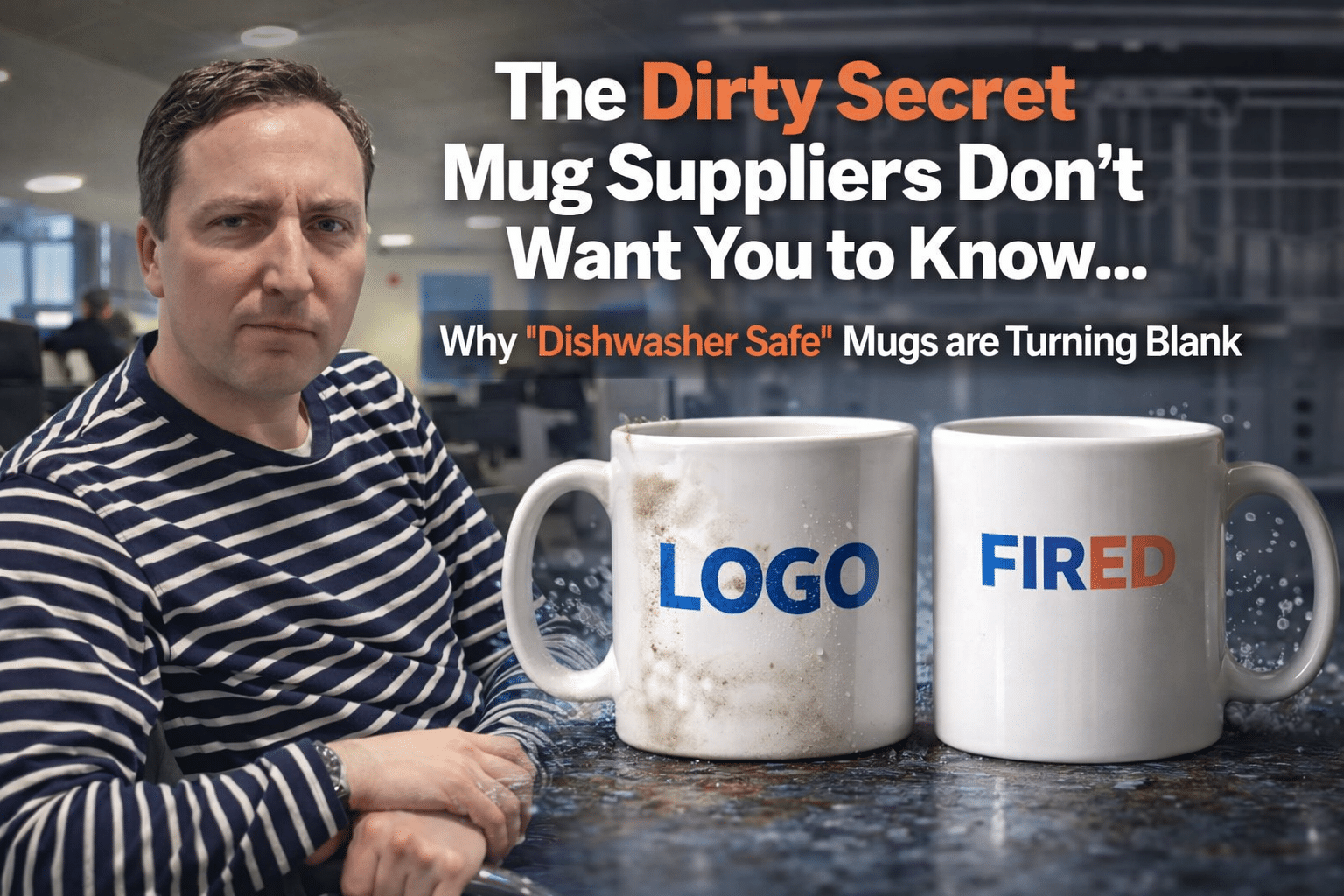 Dishwasher safe promotional mugs comparison showing logo chipping versus fired-in ceramic print durability