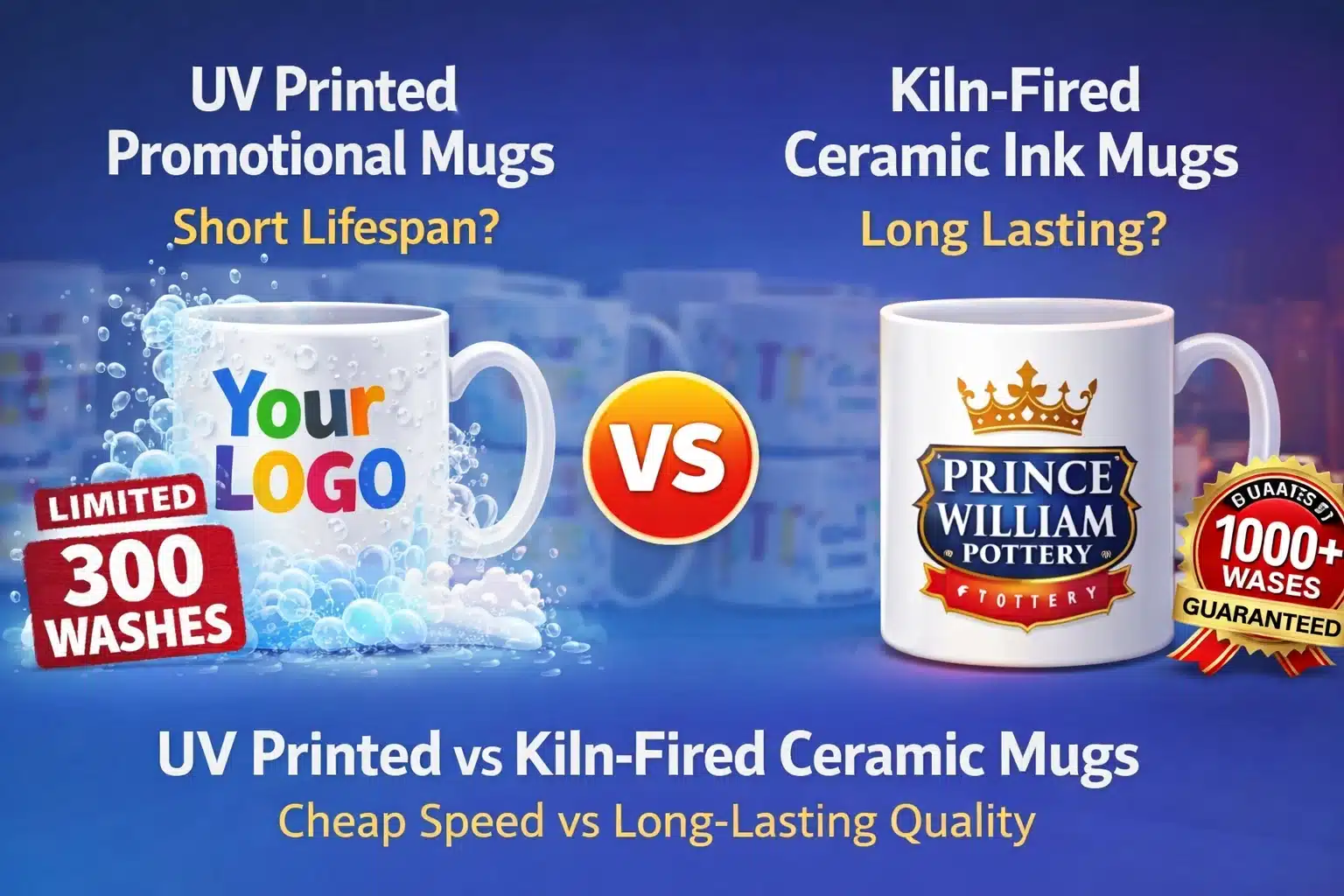 UV Printed vs Kiln-Fired Ceramic Promotional Mugs Comparison of UV printed promotional mug lasting 300 washes versus kiln-fired ceramic ink mug lasting over 1000 washes