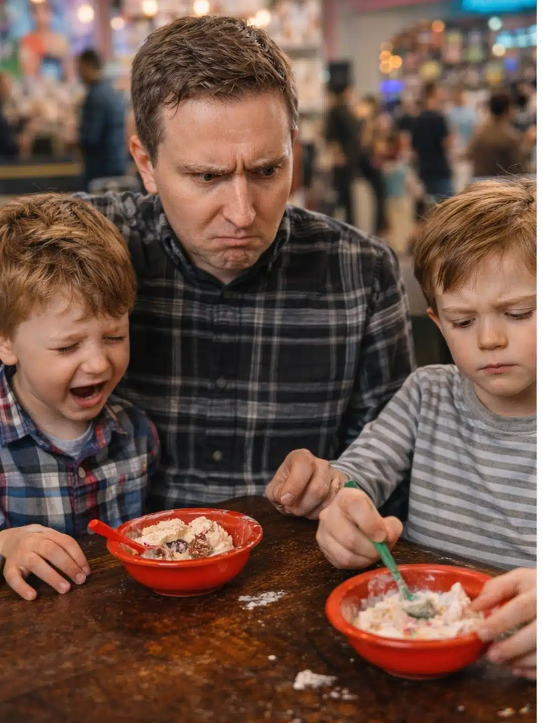 Father and sons disappointed with cheap ice cream in dessert shop – lesson about choosing quality promotional mugs over cheap suppliers