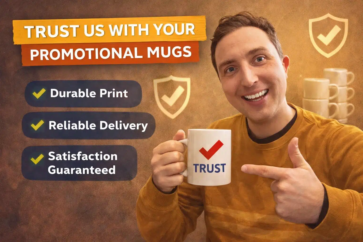 Trusted UK Promotional Mug Manufacturer | Prince William Pottery Director of Prince William Pottery holding a branded promotional mug symbolising trust, durability and reliable UK mug manufacturing.