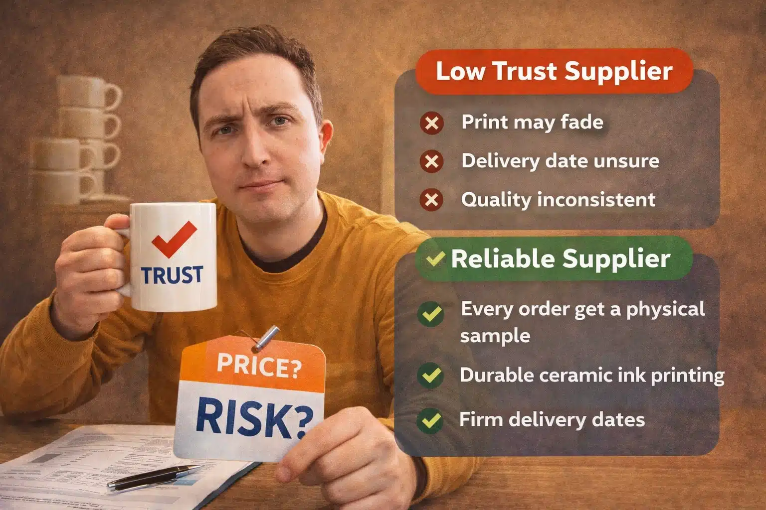 Prince William Pottery comparing low trust promotional mug suppliers with reliable UK screen printed mug manufacturing.