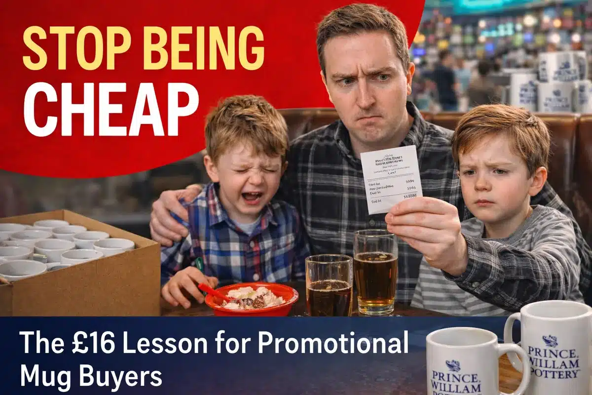 Stop Being Cheap: The £16 Lesson for Promotional Mug Buyers Stop being cheap promotional mugs featured image showing disappointed father with ice cream bill – lesson about quality branded mugs UK